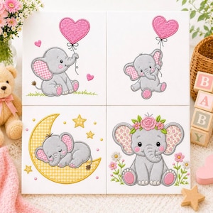 May include: Four square wall art panels featuring embroidered-style illustrations of gray elephants with pink accents. One shows an elephant holding a pink heart balloon, another a floating elephant, one sleeping on a yellow crescent moon, and one with flowers.