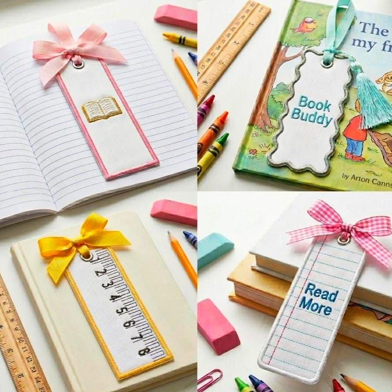 Pode incluir: Quatro marcadores de livros feitos &agrave; m&atilde;o com la&ccedil;os decorativos e enfeites. Um marcador apresenta um livro aberto bordado, outro tem o texto "Book Buddy", um terceiro tem um design de r&eacute;gua e o &uacute;ltimo diz "Read More". L&aacute;pis, borrachas e l&aacute;pis de cor est&atilde;o espalhados.