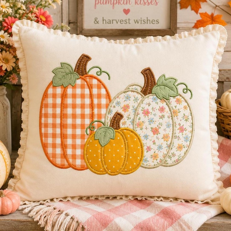 May include: A square off-white throw cushion with a ruffled edge featuring an embroidered design of three pumpkins. One pumpkin has an orange gingham pattern, one has a floral print, and the smallest is yellow with white polka dots.