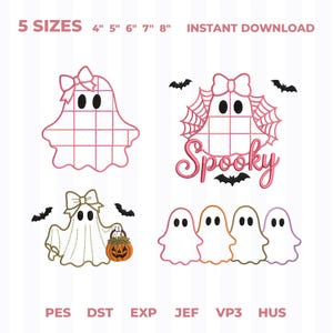 May include: Machine embroidery designs featuring four ghost motifs in pink, gold, and orange outlines. Includes a ghost with a plaid pattern and bow, a ghost with a spiderweb and the text Spooky, a ghost holding a pumpkin, and four small ghosts.