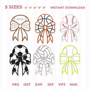 May include: Six machine embroidery designs of sports balls with bows in 5 sizes: 4", 5", 6", 8", 9". Includes a brown football, orange basketball, white baseball with red stitching, black and white soccer ball, white volleyball, and neon yellow tennis ball.