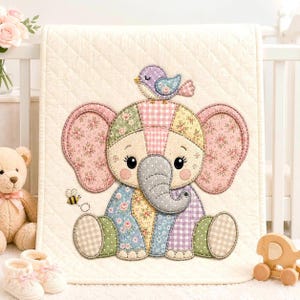Patchwork Elephant Applique Embroidery Design, Baby Elephant Quilt Style Machine Embroidery File, Nursery Baby Blanket, Instant Download