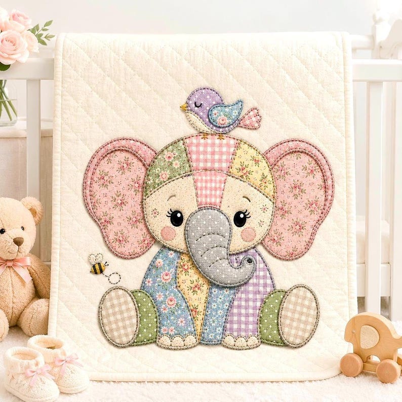 Patchwork Elephant Applique Embroidery Design, Baby Elephant Quilt Style Machine Embroidery File, Nursery Baby Blanket, Instant Download image 1