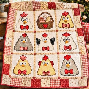 May include: A quilted throw featuring a grid of nine squares, each displaying a different chicken character or a basket of eggs. The chickens are rendered in various colors and patterns, wearing red bow ties. The border is a red and beige plaid.
