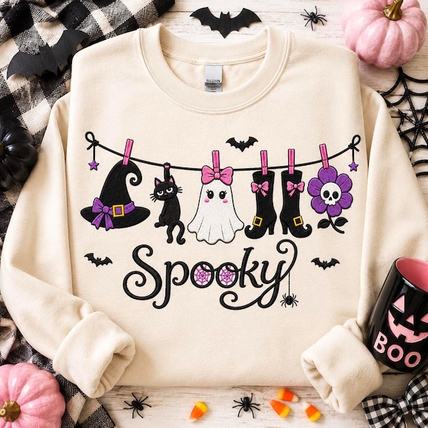 Halloween Clothesline Embroidery Applique Design, Spooky Season Ghost Applique File, Witch Hat Boots Embroidery File, Instant Download