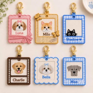 Photo Frame ITH Keychain Embroidery Bundle, Instant Photo Dog Cat Bag Tag Machine Embroidery File, Pet Name Charm, Instant Download