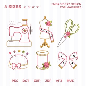 Könnte beinhalten: Stickdesign für Maschinen mit sechs Symbolen zum Thema Nähen: eine Nähmaschine, eine Schneiderpuppe mit Maßband, eine Schere mit Rose, ein Nadelkissen, eine Garnrolle mit Rose und eine Maßbandschleife. Text: 4 SIZES 4" 5" 6" 7" EMBROIDERY DESIGN FOR MACHINES PES DST EXP JEF VP3 HUS.