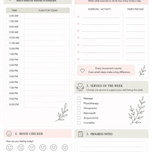 May include: A Homecare & Wellness Tracker with sections for time blocking, exercise plans, mood checks, and progress notes. The tracker includes prompts for daily self-care and well-being, with a neutral color palette and floral accents.