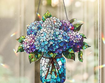 Hydrangea Jar Suncatcher: Blue Acrylic Floral Window Hanging Decor