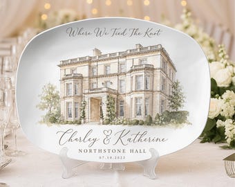 Personalized Wedding Venue Platter: Custom Watercolor Illustration, Couple Names, Date