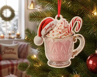Personalisierter Erdbeermilch-Weihnachtsbaumschmuck (flach, 2D): Individuell gestaltetes Pfefferminzgetränk