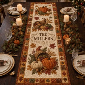 May include: A rectangular fabric table runner featuring a cream-colored center with printed autumn harvest motifs including pumpkins, cornucopias, and fall leaves. The text THE MILLERS is centered. The border has a patchwork pattern of fall colors.