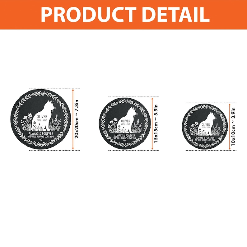May include: Three black round memorial stones with a white dog silhouette, flowers, and text. The largest is 7.8 inches, the medium is 5.9 inches, and the smallest is 3.9 inches. The text reads "OLIVER 2016-2023 ALWAYS & FOREVER WE WILL ALWAYS LOVE YOU".