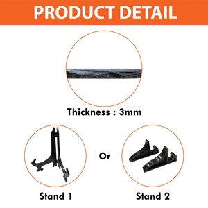 May include: Image showing product detail with the text "PRODUCT DETAIL". The image shows a cross-section of a product with a thickness of 3mm. Two stand options are shown: Stand 1 and Stand 2. The stands are black.