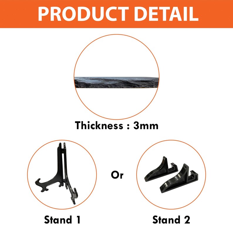 May include: Image showing product detail with the text "PRODUCT DETAIL". The image shows a cross-section of a product with a thickness of 3mm. Two stand options are shown: Stand 1 and Stand 2. The stands are black.