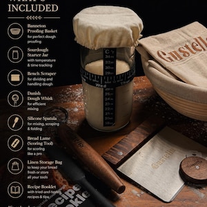 Peut inclure: Un kit de fabrication de pain au levain comprenant un panier de fermentation avec housse en lin, un bocal en verre avec suivi de temp&eacute;rature et de temps, une corne &agrave; p&acirc;te en m&eacute;tal, un fouet danois, une spatule en silicone, une lame et un livret.
