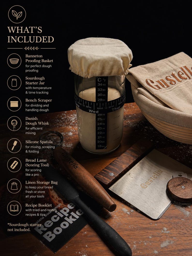 Peut inclure: Un kit de fabrication de pain au levain comprenant un panier de fermentation avec housse en lin, un bocal en verre avec suivi de temp&eacute;rature et de temps, une corne &agrave; p&acirc;te en m&eacute;tal, un fouet danois, une spatule en silicone, une lame et un livret.