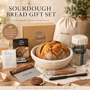 Sourdough Bread Gift Set with Gift Box, Banneton Basket, Bread Lame, Dough Whisk, Starter Jar, Gift for Bread Lovers
