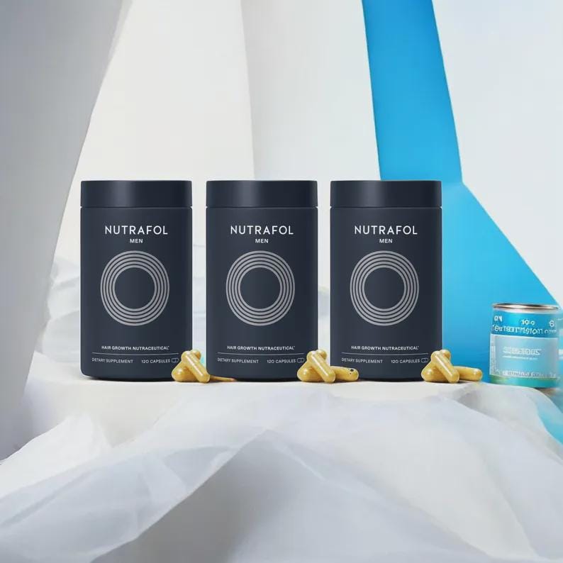 May include: Three dark gray cylindrical bottles of Nutrafol Men hair growth supplement, each with a white circular design and the brand name. Several yellow capsules are scattered in front of the bottles. A small blue and white can is also visible.