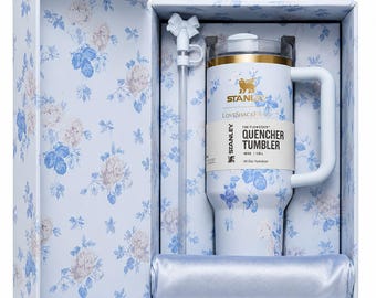 Blue Floral Stanley Tumbler Gift Set – 40oz Quencher Tumbler, Luxury Packaging