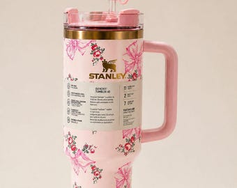 Floral Pink Bow 40oz Tumbler with Handle, Stanley Style Drinkware
