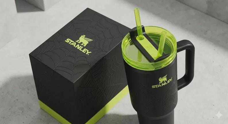 May include: Black Stanley tumbler with a green lid and straw, next to a matching black box. The box and tumbler feature the Stanley logo in green. The box has a spiderweb design. The tumbler has a handle.
