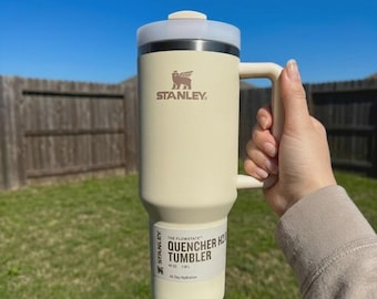 Engraved Stanley Quencher 40oz Cream Tumbler | Personalized Water Bottle Handle Straw