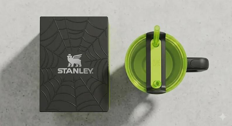 May include: A black Stanley box with a spiderweb design and the Stanley logo next to a green and black tumbler with a straw. The tumbler has a handle and a lid with a straw holder. The items are on a light gray surface.