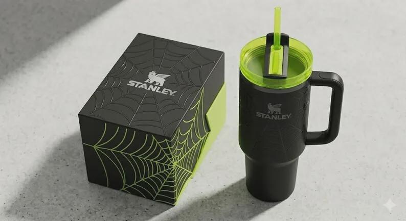 May include: Black Stanley tumbler with a green lid and straw, next to a black box with a spiderweb design. The box and tumbler have the Stanley logo. The tumbler has a handle.