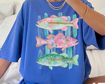 Comfort Colors® Fishing Shirt, Bass Fish Graphic Tee, Cute Angler T Shirt, Lake Fishing Shirt For Women, Colorful Fish Summer Top
