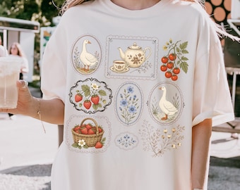 Comfort Colors® Cottagecore Shirt, Goose Shirt, Gardening Shirt, Summer Spring Shirt, Gift for Her, Strawberry Duck Graphic Tee