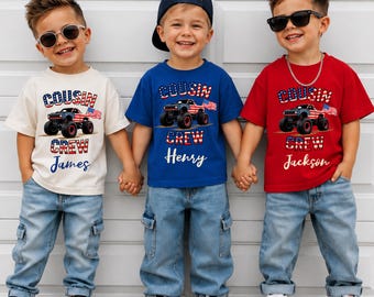Personalized Cousin Crew Matching 4th of July Shirts, Custom Kids Monster Truck 250th Year Tee, USA Patriotic Kids Gift