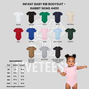 May include: A variety of infant baby rib bodysuits in various colors, including white, black, red, and pink. The image displays the Rabbit Skins 4400 collection, with size and measurement details. The text "INFANT BABY RIB BODYSUIT" and "RABBIT SKINS 4400" are visible.