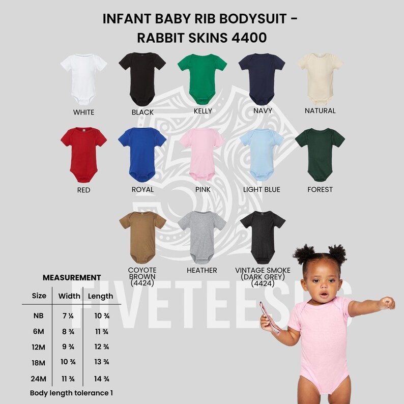 May include: A variety of infant baby rib bodysuits in various colors, including white, black, red, and pink. The image displays the Rabbit Skins 4400 collection, with size and measurement details. The text "INFANT BABY RIB BODYSUIT" and "RABBIT SKINS 4400" are visible.