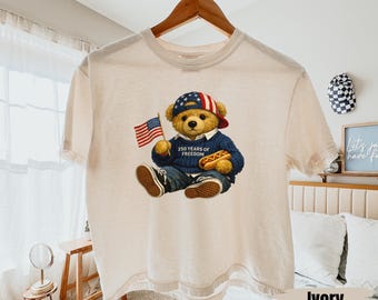 250 Years Freedom Teddy Bear Comfort Colors Boxy Tee,  Patriotic 4th Of July Bear Shirt, Funny Trendy Womens USA Crop Tee