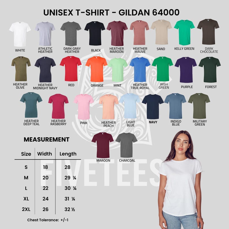 May include: A variety of Gildan 64000 unisex t-shirts in various colors, including white, black, and heather gray. The image includes a size chart with measurements in inches and a woman wearing a white t-shirt.
