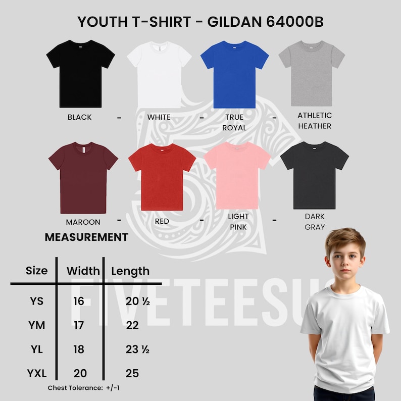 May include: A selection of youth t-shirts in various colors, including black, white, and red. The image displays a size chart with measurements in inches, and the text "YOUTH T-SHIRT - GILDAN 64000B".