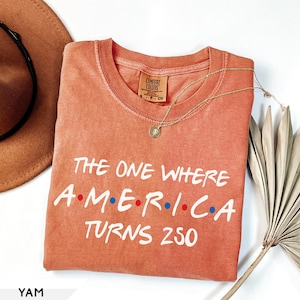 May include: A terracotta-colored short-sleeve t-shirt featuring the white text "THE ONE WHERE A.M.E.R.I.C.A TURNS 250" with red and blue dots between the letters. The shirt has a crew neckline and a Comfort Colors brand label at the inner collar.