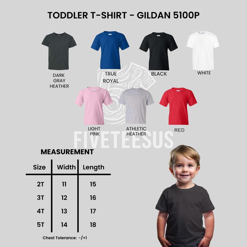 May include: A variety of toddler t-shirts in different colors, including dark gray, true royal, black, white, light pink, athletic heather, and red. The image also includes a size chart with measurements in inches and a young child wearing a dark gray t-shirt.