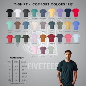 May include: A Comfort Colors 1717 t-shirt color chart displaying 28 distinct shades including black, white, pepper, seafoam, blue jean, butter, violet, navy, red, mint, espresso, ice blue, ivory, gray, spruce, moss, mustard, and more with a size chart.