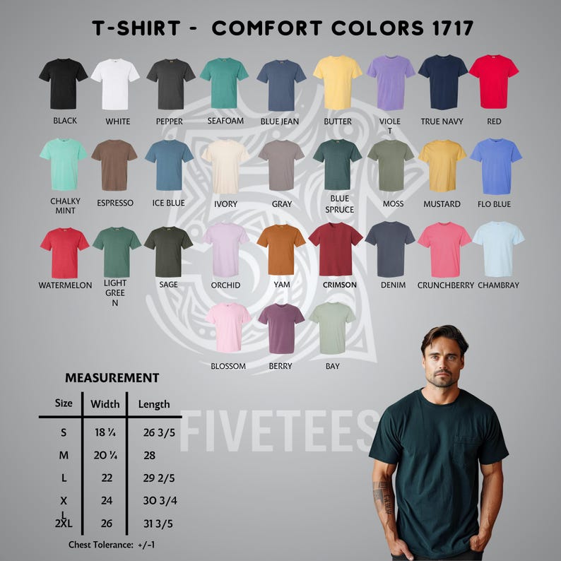 May include: A Comfort Colors 1717 t-shirt color chart displaying 28 distinct shades including black, white, pepper, seafoam, blue jean, butter, violet, navy, red, mint, espresso, ice blue, ivory, gray, spruce, moss, mustard, and more with a size chart.