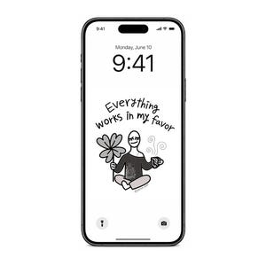 Puede incluir: Pantalla de bloqueo de smartphone con el texto "Everything works in my favor". Un personaje de dibujos animados sostiene un trébol de cuatro hojas y una taza con vapor. La hora es 9:41, lunes 10 de junio.