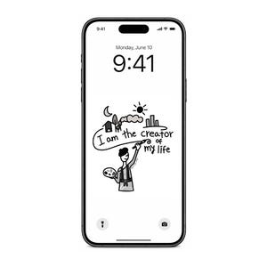Puede incluir: Un teléfono inteligente negro muestra un fondo de pantalla blanco con una ilustración en blanco y negro. La ilustración presenta a una persona pintando un paisaje urbano, con el texto "I am the creator of my life."