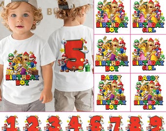 Super Mario födelsedagströja bunt PNG, födelsedagsfamiljtröja (digital nedladdning)