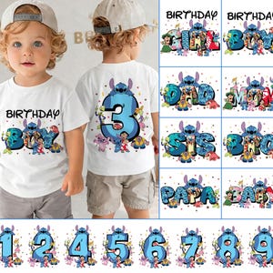 Op de afbeelding: Witte T-shirts met een "Birthday Boy" ontwerp met het personage Stitch en het nummer 3. Extra ontwerpen zijn onder meer "Girl", "Boy", "Dad", "Mom", "Sis", "Bro", "Papa" en "Baby" met Stitch. Nummers 1-9 zijn ook beschikbaar.