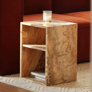 Persian Onyx Side Table – Natural Jade Marble Nightstand with Storage