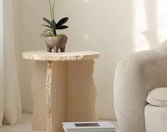 Travertine Marble Side Table, Crystal Texture Raw Edge End Table, Brutalist Stone Pedestal, Nordic Cream Bedside Table