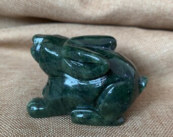 Hand Carved Dark Green Jade Rabbit Statue Zodiac Feng Shui Ornament Luck Wealth Desk Decor