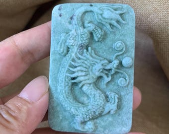 Green Jade Dragon Pendant Hand Carved Zodiac Plaque Necklace Feng Shui Luck Protection Amulet
