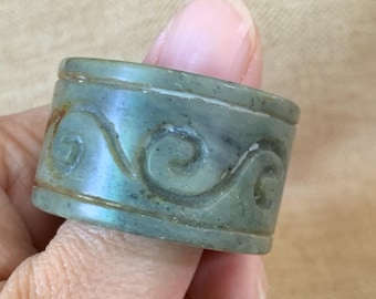 Carved Natural Jade Thumb Ring Vintage Chinese Cloud Stone Band Antique Style Gift for Him Her